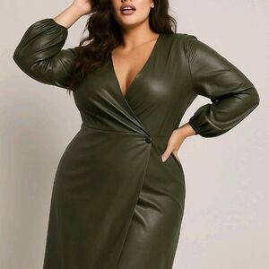 Banana Republic Olive Green Faux Leather Wrap Dress